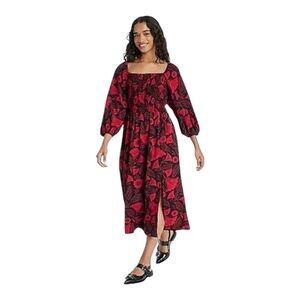 Red and Black Floral Sundress with Square Neck and Slit Latino Heritage